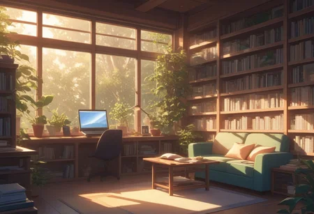 FFCB, Simple Anime, Cozy study corner at the library, plant, bookshelves, reading lamp, big glass windows