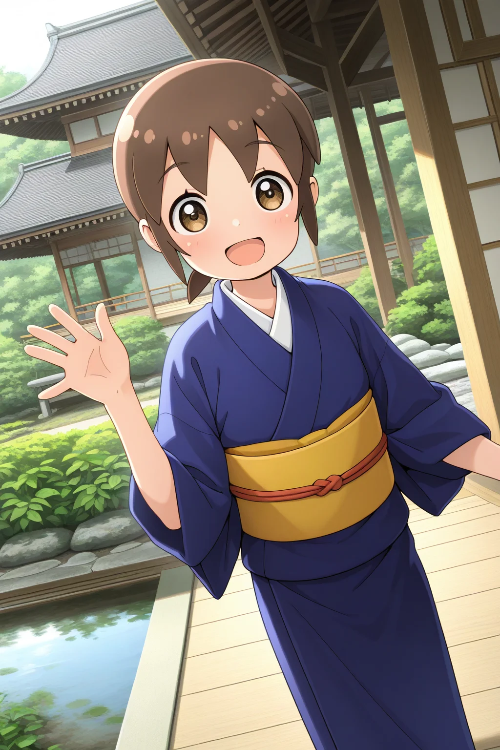masterpiece, best quality, amazing quality, absurdres, solo, sekioriko, smile, short, small, open mouth, arm up, waving, dutch angle, looking at viewer, short brown hair, blue kimono, yellow obi, outdoors, ryokan, garden, east asian architecture, pond