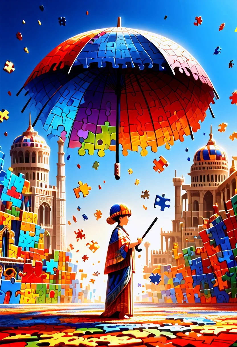 (absurdres, best quality, masterpiece:1.4), amazing quality, highres, newest, detailed, score_9, score_8_up, score_7_up, score_6_up, ((puzzle_morph_rks)), 1girl, standing, cowboy shot, source_anime, holding umbrella, looking up, puzzle pieces falling from the sky