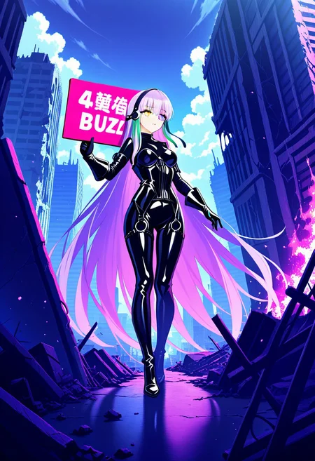 masterpiece, best quality, ultra-detailed, very aesthetic, detailed background, year 2023, very aesthetic, newest, scenery, highres, 4k, absurdres, 8k, colorful,vibrant, glowing, perfect face, 2d, perfect eyes, detailed eyes, 1girl, solo, destroyed city, cityscape, ruins, ruined buildings, city on fire, cloudy, ((masterpiece,)) best quality, full color, ((((full body,)))) kingproteaalter, heterochromia, extremely long hair, purple hair, green ribbons, black latex bodysuit, corset, black elbow gloves, giantess holding sign with text "Faceoffs Require Buzz"