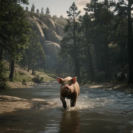 cinematic film still of  <lora:Red Dead Redemption style:1>
a pig is walking across a river in the woods,outdoors,day,water,tree,no humans,animal,rope,nature,scenery,forest,pig , epic, Western, adventures, outlaw, Red Dead, Western United States, wild west, cowboy, cowgirl, Open world, 1900's, realistic, cinematic, film look, dramatic light, partially covered in shadows, gang, Western-themed action-adventure, Red Dead Redemption style, shallow depth of field, vignette, highly detailed, high budget, bokeh, cinemascope, moody, epic, gorgeous, film grain, grainy