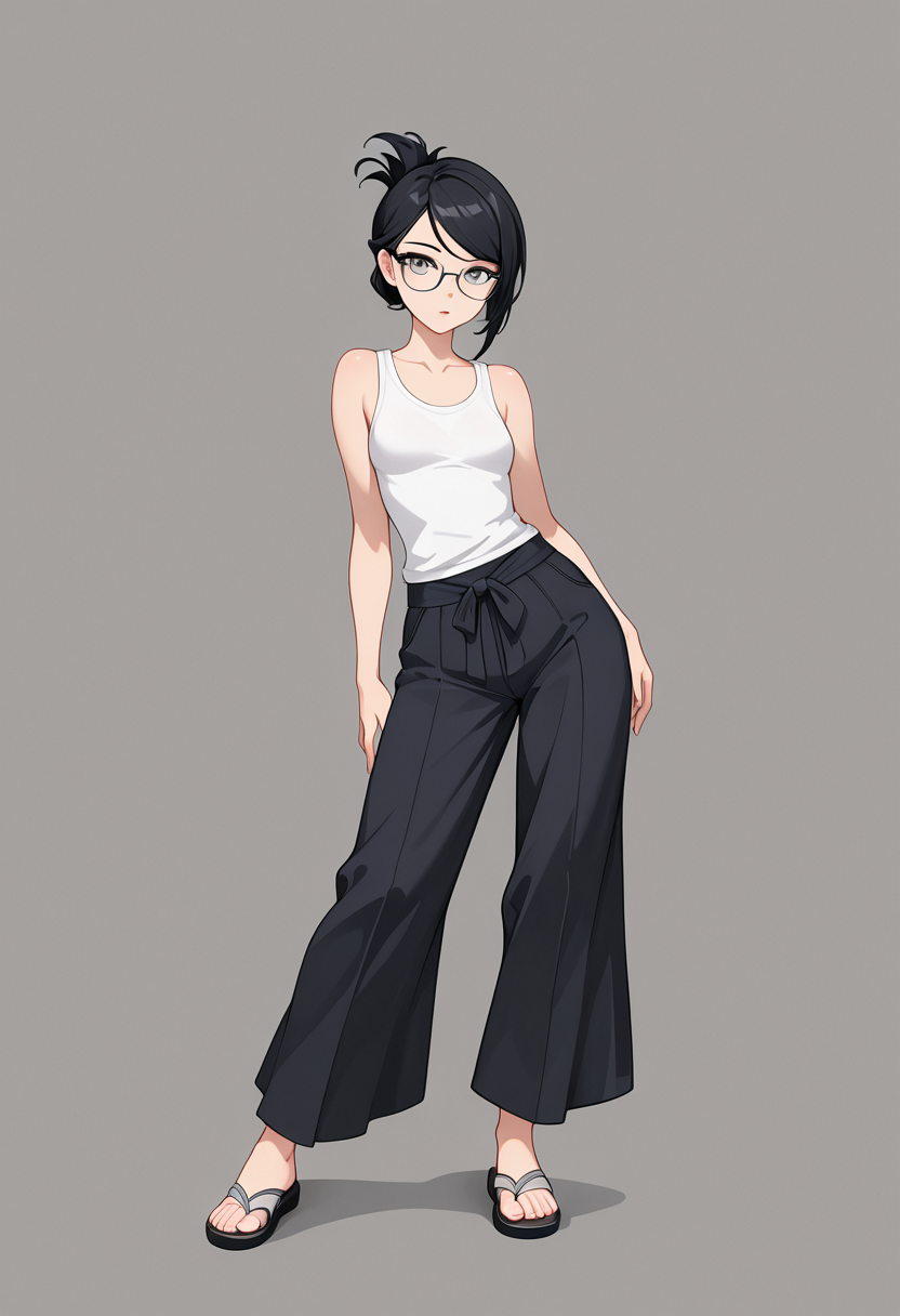 lazypos, 1girl,  small breasts, black hair, folded ponytail, gray eyes, glasses, swept bangs, (purple eyeshadow:0.5), contrapposto, sandals, wide pants, white tank top