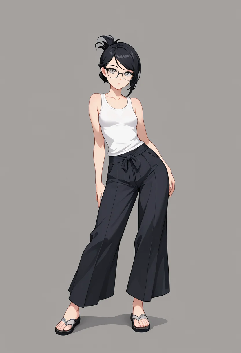 lazypos, 1girl, small breasts, black hair, folded ponytail, gray eyes, glasses, swept bangs, (purple eyeshadow:0.5), contrapposto, sandals, wide pants, white tank top