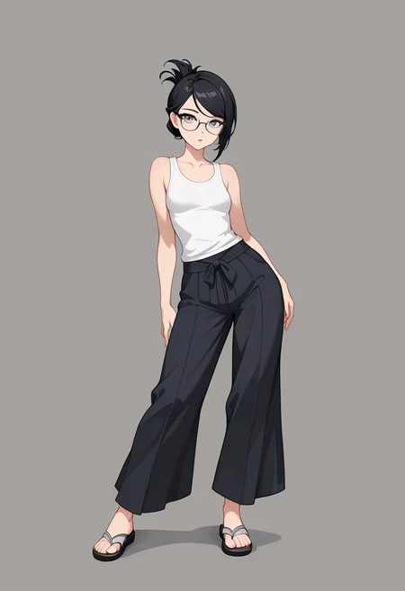 lazypos, 1girl, small breasts, black hair, folded ponytail, gray eyes, glasses, swept bangs, (purple eyeshadow:0.5), contrapposto, sandals, wide pants, white tank top