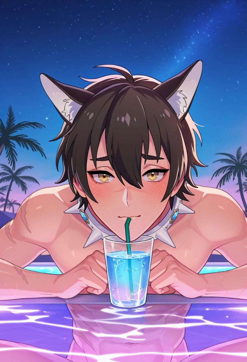 masterpiece, best quality, , (realistic:0.6), looking at viewer, , 1boy, solo, male focus, <lora:garu_nu_carnival_ilxl:0.94>, garu_nu_carnival, black hair, yellow eyes, short hair, animal ears, scar, hair between eyes, , , desert oasis, palm trees, clear pool, starry sky, drinking water, relieved expression, night,