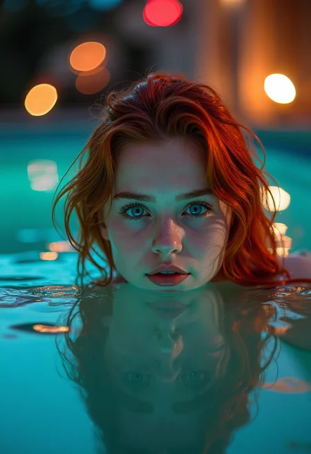a highly detailed, professional photograph featuring a young woman submerged up to her shoulders in a pool at night, the woman has fair skin and striking red, wavy hair that cascades around her shoulders, her eyes are large and expressive, with a vivid blue hue, and her lips are full and naturally pink, she has a delicate, almost ethereal facial structure with high cheekbones and a slight blush on her cheeks, giving her a youthful and radiant appearance, the background is blurred, with bokeh lights in various colors, creating a dreamy, ethereal atmosphere, the pool water is a vibrant turquoise, reflecting the lights and creating a mirror-like effect around her, reflecting her face on the surface of the pool, not showing what's underwater, the overall composition is dynamic, with the woman's head and shoulders partially submerged in the water, and the background slightly out of focus, adding depth and a sense of mystery to the image, the lighting is soft and diffused, enhancing the ethereal quality of the scene