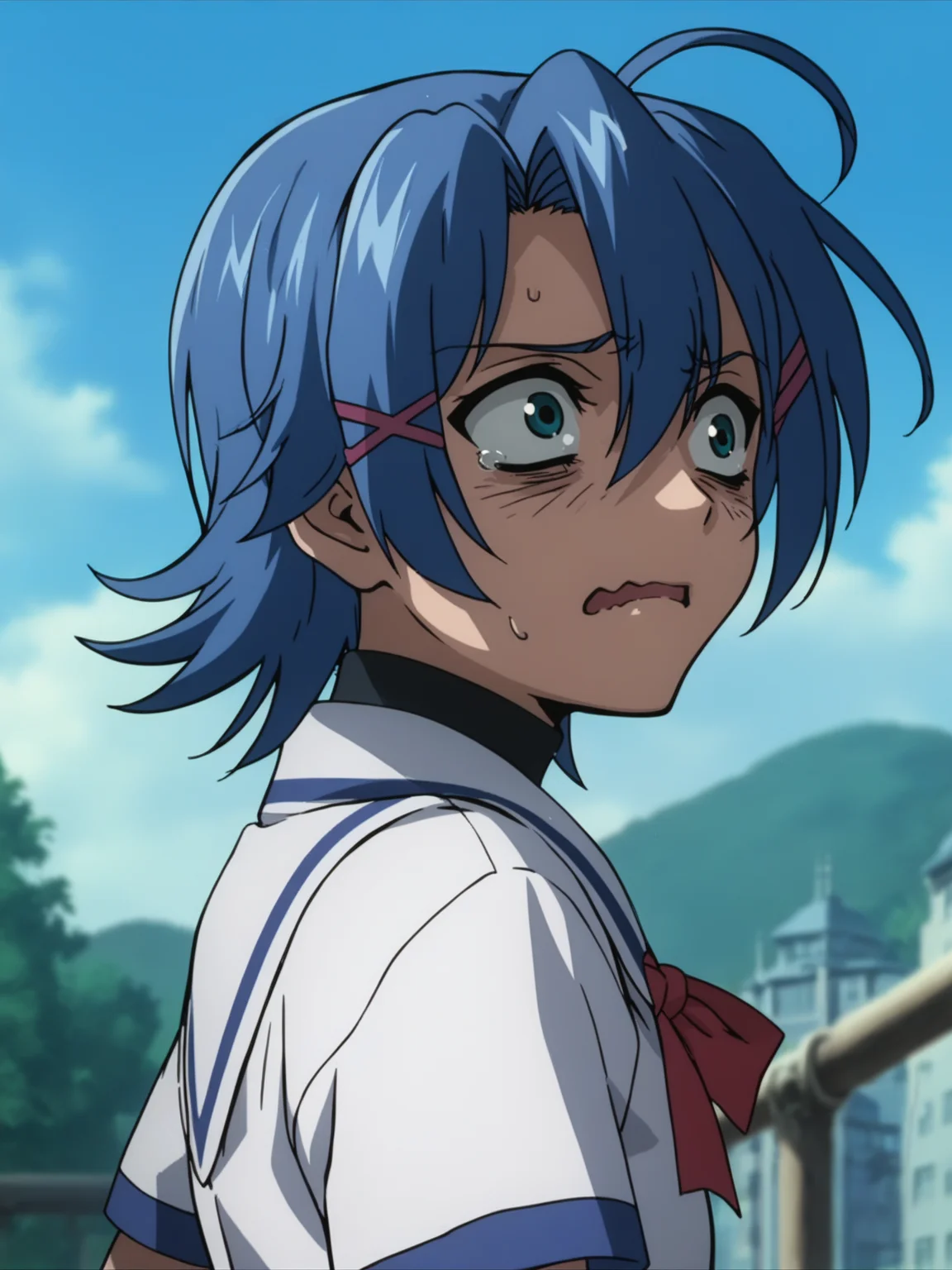 <lora:happy_tentacle-junko-v0.2:1>, ht_junko, blue hair, school uniform , 1girl, solo, upper body , (half-closed eyes :1.2) , ( scared , (wavy mouth:0.8) :1.1), looking back , score_9, score_8_up, score_7_up, score_6_up, score_5_up, score_4_up