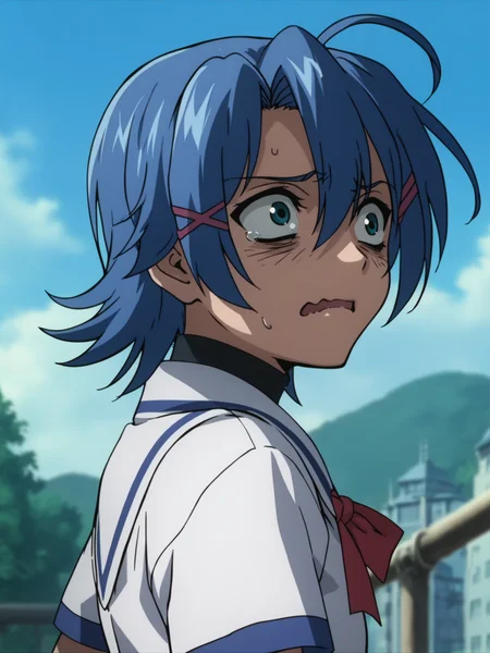 <lora:happy_tentacle-junko-v0.2:1>, ht_junko, blue hair, school uniform , 1girl, solo, upper body , (half-closed eyes :1.2) , ( scared , (wavy mouth:0.8) :1.1), looking back , score_9, score_8_up, score_7_up, score_6_up, score_5_up, score_4_up