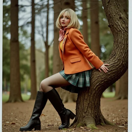 Faded Polaroid Photo, analog film photo <lora:AshleyR4:0.8> a close up, a candid,  half body shot, close up shot,  aslx, costume, aslx, a woman wearing an ashley graham costume with orange jacket, plaid skirt, black boots, blond hair styled in a bob, she's in a forest, leaning on a tree, ultra detailed, ultra realistic, ultra quality, cinematic, cinematic lighting, ultra detailed  <lora:SAbrina Carpenter-V1x1:1> s4br1n4c . faded film, desaturated, 35mm photo, grainy, vignette, vintage, Kodachrome, Lomography, stained, highly detailed, found footage, analog, old faded photo, old polaroid, RAW candid cinema, 16mm, color graded portra 400 film, remarkable color, ultra realistic, textured skin, remarkable detailed pupils, realistic dull skin noise, visible skin detail, skin fuzz, dry skin, shot with cinematic camera
