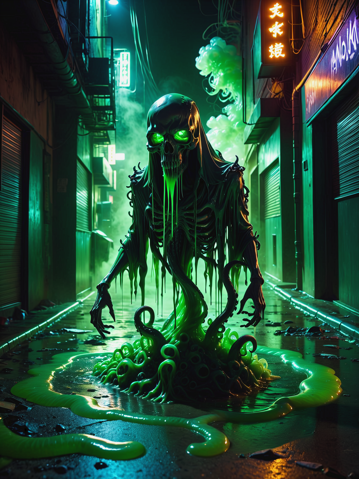 translucent mad-txcsprt ghost in a puddle of green goo, smoke, skull, tentacles,  dark alley, cyberpunk, neon light, garbage, night <lora:Neon_Cyberpunk_Toxic_Spirits_SDXL:0.6>, raw photo, film grain, (photorealistic, realistic:1.2), deep shadow,  8k, uhd, dslr, ultra high res