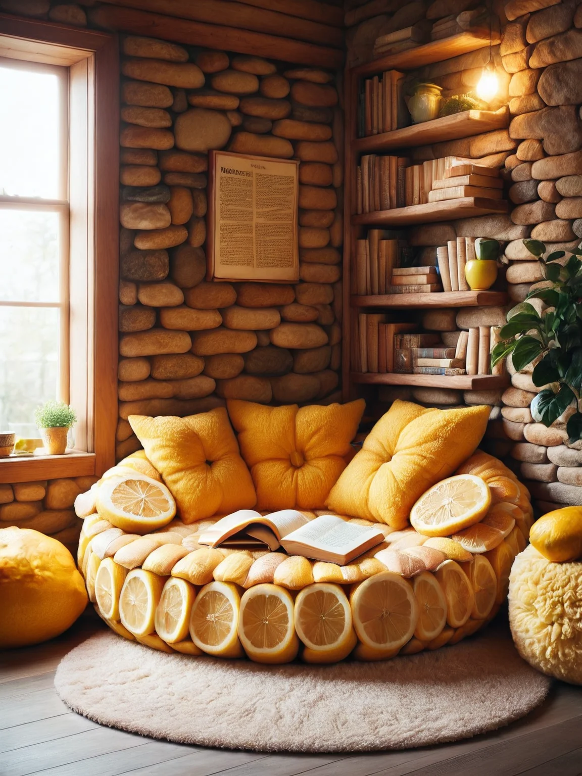 A cozy reading nook with ais-lmnsgr slice-shaped cushions and warm, soft lighting, perfect for a relaxing day with a good book <lora:ais-lmnsgr-sdxl:1>