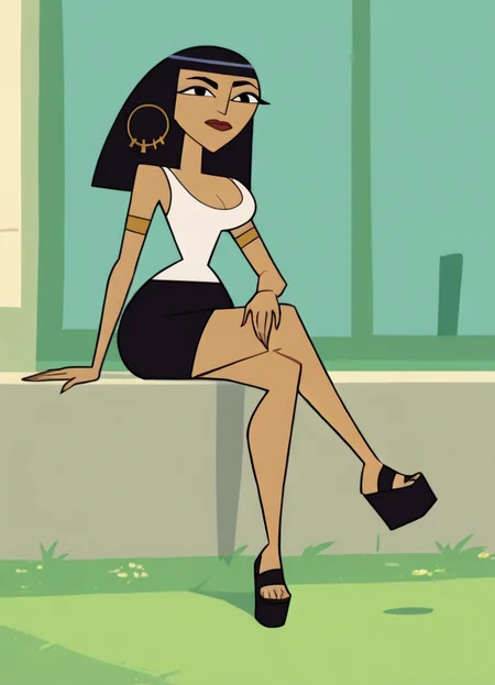 <lora:CleoCHPony1.0:1> cleo, 1girl, solo, hoop earrings, cleavage, long hair, white tank top, black eyes, black skirt, lipstick, platform footwear,full body, armlet, bangs, score_9, score_8_up, score_7_up, score_6_up, score_5_up, score_4_up, looking at viewer, outdoors, sitting, crossed legs,
