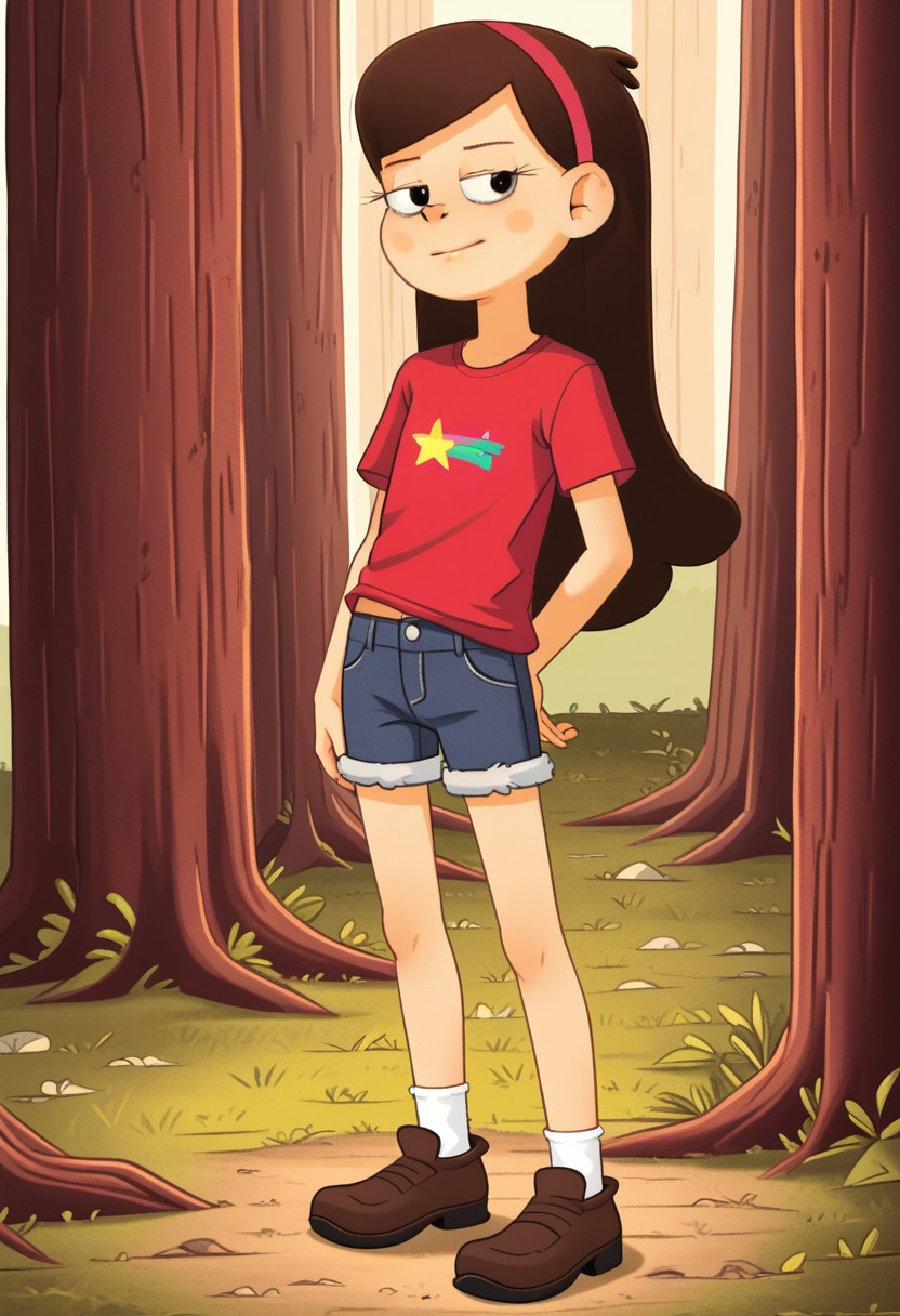 Well drawn, bold outline,
2d, vector, line, detailed, perfect hands,
gravity falls, mabel pines,
Long hair, brown hair, pink hairband, 
Shorty, skinny, undersized, thin, petite, flat chested, 
Half closed eyes,
brown eyes, eyelashes, snake eyes. 
Fit brawny body,
Muscular, 
denim shorts, red shirt, brown footwear, white socks, 
forest,
