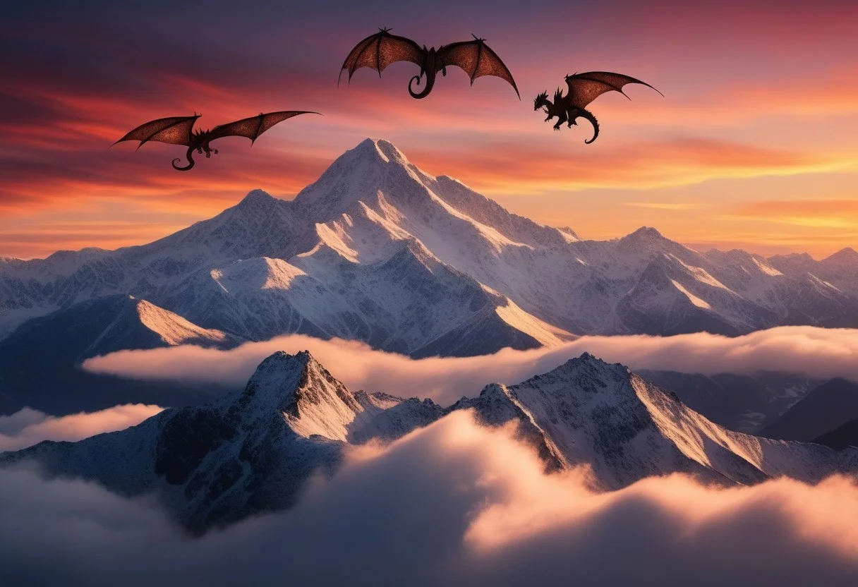 photograph Herd of dragons flying over clouds and snowy mountain peak at sunrise