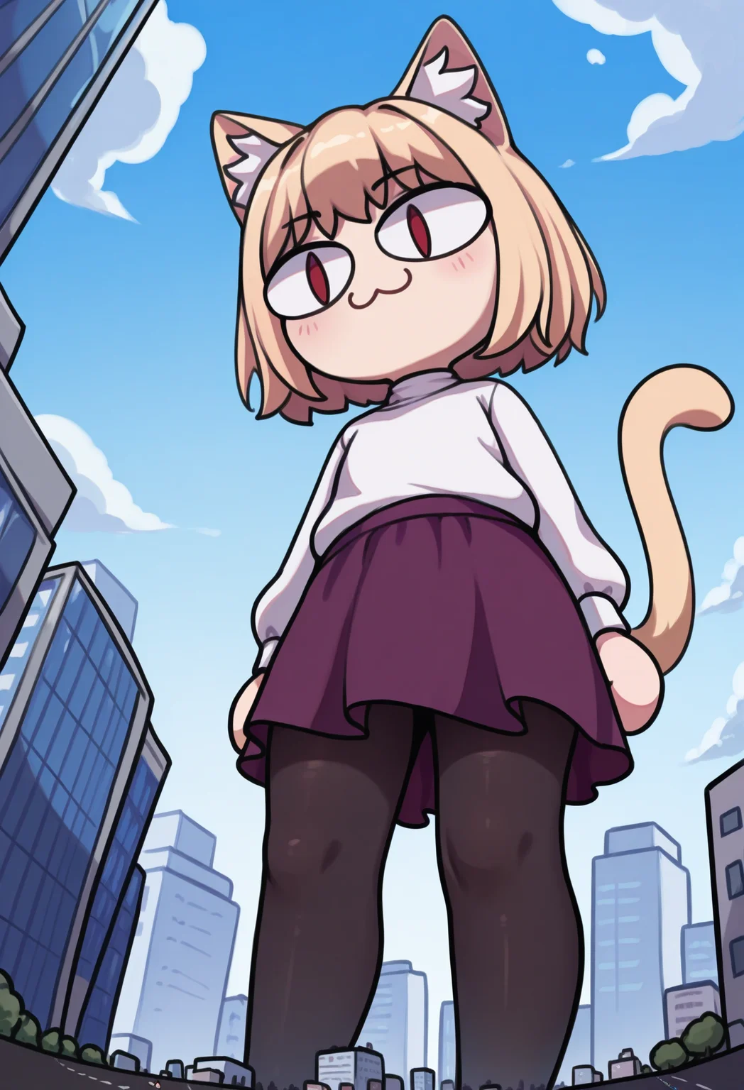 1girl, solo, giantess, city,
masterpiece, best quality, <lora:necoarc-guy90-Illust-LoraV1:1>, cracen, animal ears, short hair, blonde hair, :3, cat girl, cat tail, red eyes, slit pupils, chibi, animal ear fluff, white sweater, long sleeves, black pantyhose, purple skirt