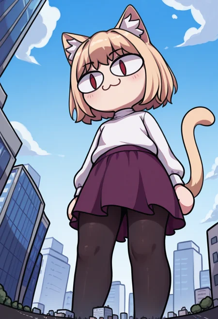 1girl, solo, giantess, city, 
masterpiece, best quality, <lora:necoarc-guy90-Illust-LoraV1:1>, cracen, animal ears, short hair, blonde hair, :3, cat girl, cat tail, red eyes, slit pupils, chibi, animal ear fluff, white sweater, long sleeves, black pantyhose, purple skirt