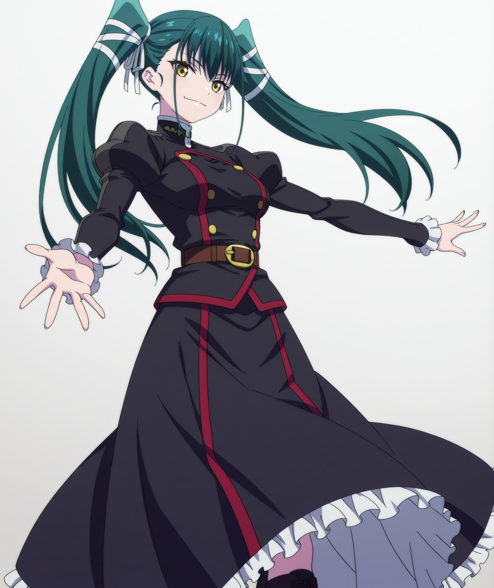 official art, absurdres, highres, anime coloring, hi res, best quality, masterpiece, 2d, intricate details, 4k,
1girl, solo, long hair, bangs, black hair, bow, twintails, yellow eyes, hair bow, green hair,
breasts, medium breasts, shirt, long sleeves, jacket, belt, black jacket, uniform, military, military uniform, juliet sleeves, frilled sleeves,
skirt, long dress, long skirt, black skirt, frilled skirt, boots,
looking at viewer,
depth of field, white background, gradient background, <lora:Yachiho_Azuma_ILXL:1>, mato seihei no slave, azuma yachiho,