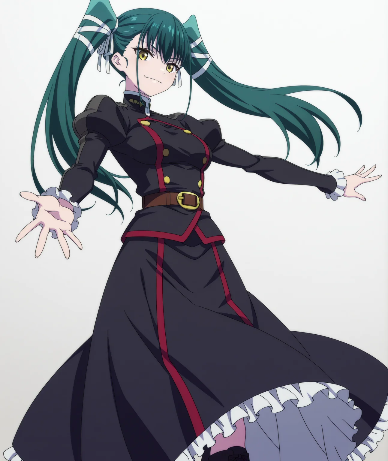 official art, absurdres, highres, anime coloring, hi res, best quality, masterpiece, 2d, intricate details, 4k,
1girl, solo, long hair, bangs, black hair, bow, twintails, yellow eyes, hair bow, green hair,
breasts, medium breasts, shirt, long sleeves, jacket, belt, black jacket, uniform, military, military uniform, juliet sleeves, frilled sleeves,
skirt, long dress, long skirt, black skirt, frilled skirt, boots,
looking at viewer,
depth of field, white background, gradient background, <lora:Yachiho_Azuma_ILXL:1>, mato seihei no slave, azuma yachiho,
