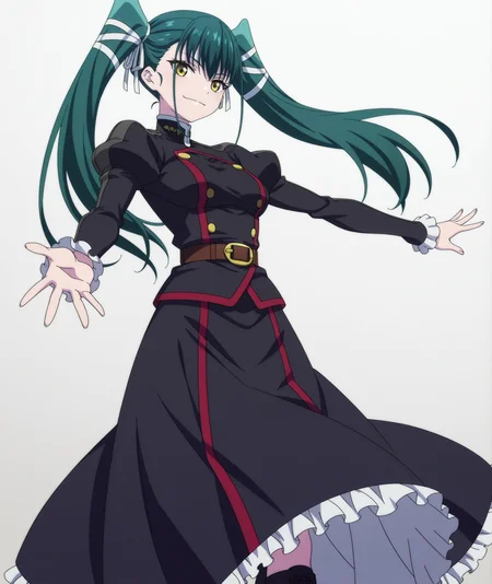 official art, absurdres, highres, anime coloring, hi res, best quality, masterpiece, 2d, intricate details, 4k,
1girl, solo, long hair, bangs, black hair, bow, twintails, yellow eyes, hair bow, green hair,
breasts, medium breasts, shirt, long sleeves, jacket, belt, black jacket, uniform, military, military uniform, juliet sleeves, frilled sleeves,
skirt, long dress, long skirt, black skirt, frilled skirt, boots,
looking at viewer,
depth of field, white background, gradient background, <lora:Yachiho_Azuma_ILXL:1>, mato seihei no slave, azuma yachiho,