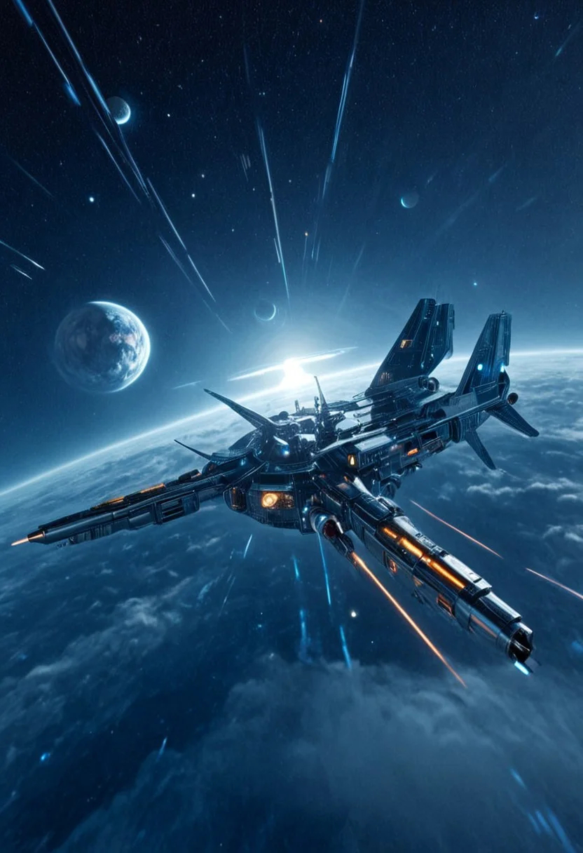 h0rr0rstyl3, CosmicStyle, mid-range orbital shot, sleek chrome spacecraft, corporate-controlled patrol vessels, retrofuturist designs, Cold War-era lines blended with alien engineering, rotating gravity rings, dynamic thruster arrays, flaring blue exhaust trails, soft-glow lighting under sensor domes, neon-coded serial markings, angular symmetry, drifting over cloud-covered exoplanet, interstellar corporate security, industrial sci-fi aesthetics, clean paneling with minimal distress, silent formation flight, strategic surveillance positions, dusk-light horizon shimmer