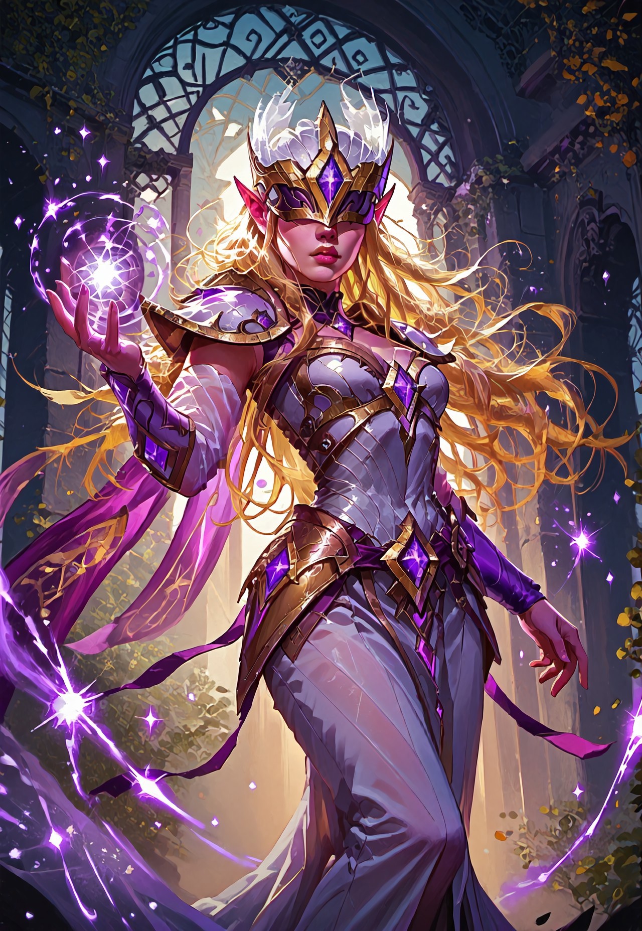 ((zPDXL3)), ((masterpiece,best quality, highly detailed)), ((score_9)), score_8_up, score_7_up, score_6_up, score_5_up, score_4_up, Digital painting style, brushstrokes, ((EnhanceImage)), solo, 1girl, IlumiaAOVXL, blonde hair, sidelocks, long hair, pointy ears, covered eyes, helmet, helmet with purple jewel, large breasts, purple cape, golden armor, shoulder armor, cleavage, breastplate, white dress, armored dress, vambraces, hip vent, white skirt, long skirt, golden shoes, shoes with purple jewel,
Expressiveh, 30yo, adult lustful confident woman, petite, slender body, perky saggy natural breasts, full lips, bangs, sidelocks, straps,
chinese magical sorceress, animated, swirling magic, wisps of magic, ((dancing pose)), tight squeezed outfit, magical accessories, evoking motion, conveying motion, dynamic splash art, 
<lora:PainterlyFantasiaPDXL:0.6>,