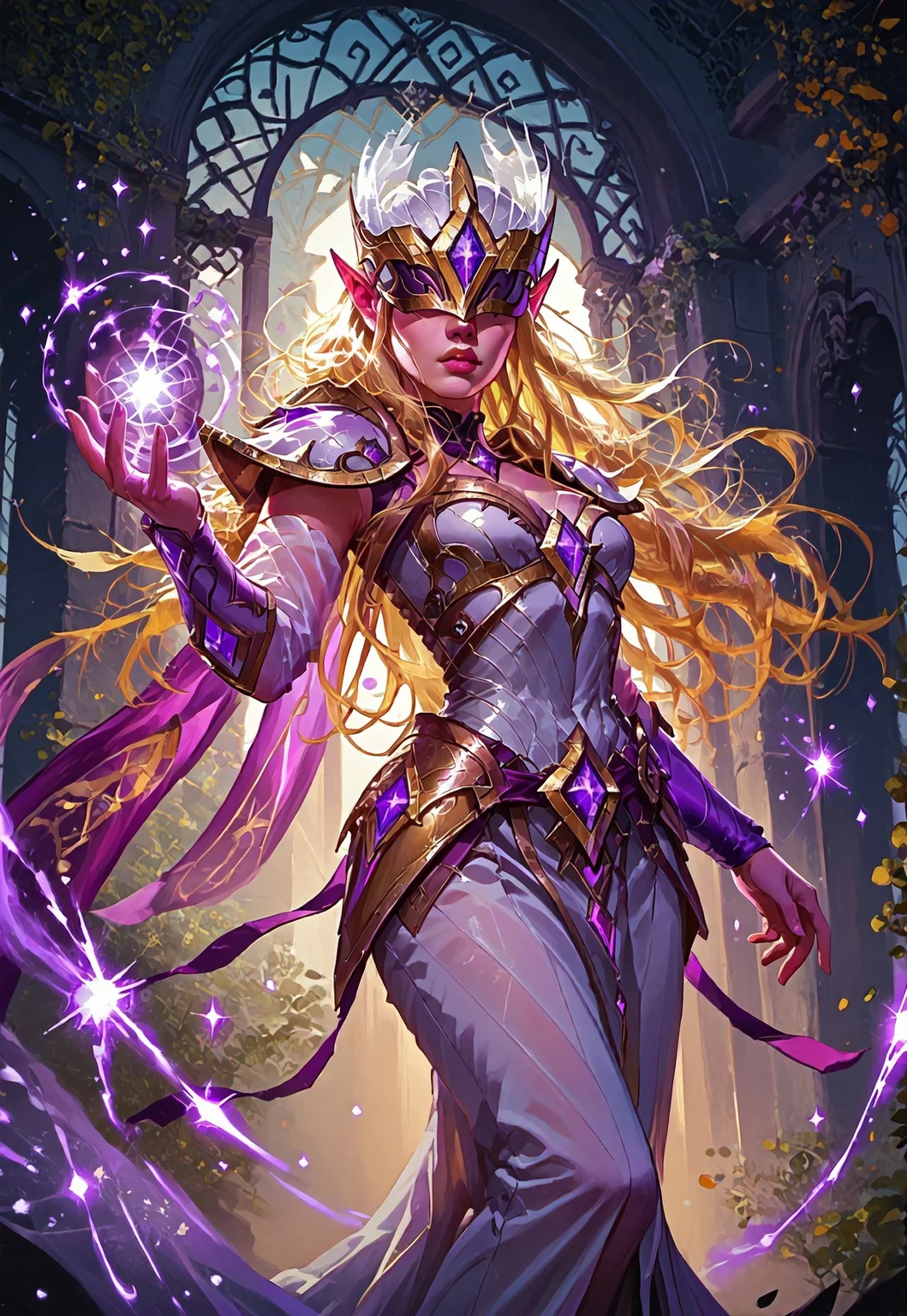 ((zPDXL3)), ((masterpiece,best quality, highly detailed)), ((score_9)), score_8_up, score_7_up, score_6_up, score_5_up, score_4_up, Digital painting style, brushstrokes, ((EnhanceImage)), solo, 1girl, IlumiaAOVXL, blonde hair, sidelocks, long hair, pointy ears, covered eyes, helmet, helmet with purple jewel, large breasts, purple cape, golden armor, shoulder armor, cleavage, breastplate, white dress, armored dress, vambraces, hip vent, white skirt, long skirt, golden shoes, shoes with purple jewel,
Expressiveh, 30yo, adult lustful confident woman, petite, slender body, perky saggy natural breasts, full lips, bangs, sidelocks, straps,
chinese magical sorceress, animated, swirling magic, wisps of magic, ((dancing pose)), tight squeezed outfit, magical accessories, evoking motion, conveying motion, dynamic splash art,
<lora:PainterlyFantasiaPDXL:0.6>,