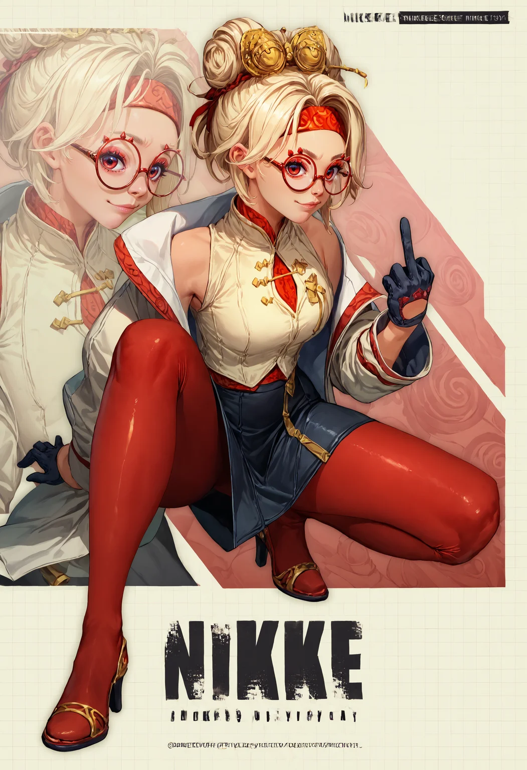 score_9, score_8_up, score_7_up, detailed, <lora:NikkeProfileV2_XLPD:1> IncrsNikkeProfile, full body, zoom layer, on one knee, middle finger, <lora:purah-pdxl-nvwls-v1:0.8> purah, hair ornament, red headband, red glasses, sleeveless shirt, white coat, black skirt, red leggings, gloves, high heels, looking at viewer, (smirk:0.6),