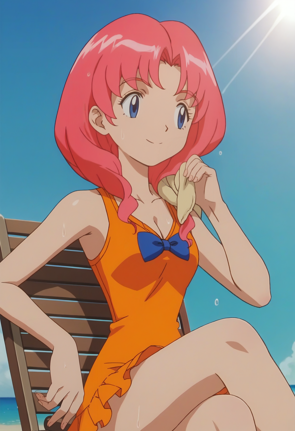 score_9, score_8_up, score_7_up, score_6_up, anime screencap, anime coloring, <lora:PMLily:0.9>, PMLily, 1girl, solo, pink hair, blue eyes, short hair, parted bangs, cleavage, 
orange dress, swimsuit, sleeveless, blue bowtie, brown ribbon, barefoot, 
towel around neck, sitting, lounge chair, looking away, sweat, wet, smile, soaked, crossed legs, hand on own shoulder, upper body, 
BREAK, blue sky, sunlight, day, tile wall,