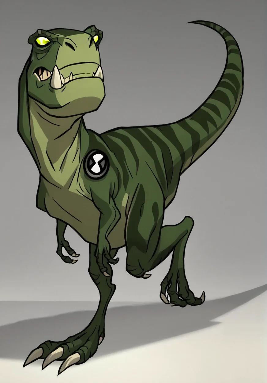 score_9, score_8_up, score_7_up, screencap,   <lora:ben10-08:1> ben10, solo, no humans, full body, bodysuit, badge,detailed background,  , <lora:Fang_Primal:1> Fang (Primal), Tyrannosaurus, green skin, dark stripped pattern, white claws,, solo, Large jaw, series of stripes running around tail, dinosaur, larger tooth on jawline, Pale eyes, reptile eyes