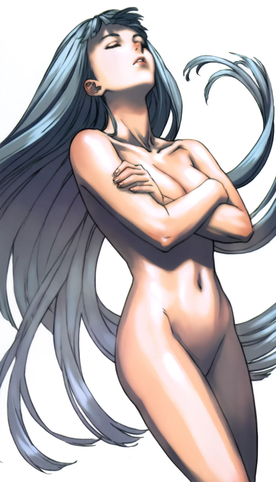 masterpiece,best quality,amazing quality,
<lora:lennethIL:1>,l3nn3th,
silver hair,long hair,bangs,nude,cowboy shot,closed eyes,parted lips,arms crossed on chest,flowing hair,white background,