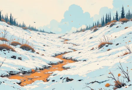 An aerial view of a vast, surreal landscape where white voids dominate the plains, stretching infinitely in all directions. The ground is a patchwork of stark, blank expanses broken by vivid, swirling colors—rivers of molten gold, pools of electric blue, and veins of deep crimson cutting through the whiteness like cracks in reality. These colors shimmer and shift as if alive, creating a stark contrast to the void-like plains that seem to swallow sound and light.
At the center of the image, a single black silhouette of an animal—a bird in flight or a lone creature standing on a raised plateau—casts a long, sharp shadow. The animal’s form is small, almost insignificant against the vastness, yet it draws the eye, a fragment of life within an empty, enigmatic world. Around it, the white plains ripple faintly, as though the ground is breathing or dreaming, the smooth surface reflecting hints of the vibrant colors nearby.
The sky above is a pale, colorless expanse that mirrors the ground below, making the horizon disappear into ambiguity. Faint traces of symbols or markings—like ancient runes or natural patterns—seem etched into the plains, barely visible unless viewed from above, their purpose and origin a mystery.
The entire scene feels timeless and alien, a dreamlike landscape where emptiness and color collide, inviting questions about what lies beyond the visible and what meaning the small, solitary figure holds within the vast, unending void.