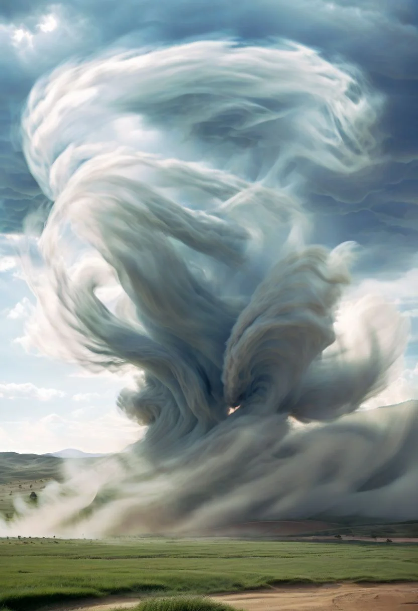 a landscape scene with grass covered low hills in the background, in the center of the image is a large whirlwind, the tornado is glistening in the sunlight angainst a blue sky, the sunlight is obscured through the tornado and giving highlight in the direction of the viewer, thetornado is levitating in mid air and is surrounded by a veil of smoke, blue sky in background,