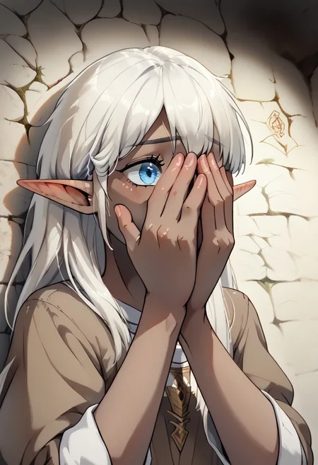 Lapanya, 1 person, solo, pointy ears, androgynous body, ((snout nose)):1.5, lean stature, medium tan skin, white hair, long hair, hip-length hair, blue eyes, white tunic, brown robe, small nostrils, 3 fingers 1 thumb,
coverfaceOUTeye, covering face with hands, peeking between fingers, close up, head focus,
Medieval style,
Style: advntr, 4byss,
((cavern background, wall hangings, organic chamber, soft light, luminous moss)), detailed background, clean lines, perfect hands, highly detailed, high quality, ((semi-realistic)), best quality, rating: g
score_9, score_8_up