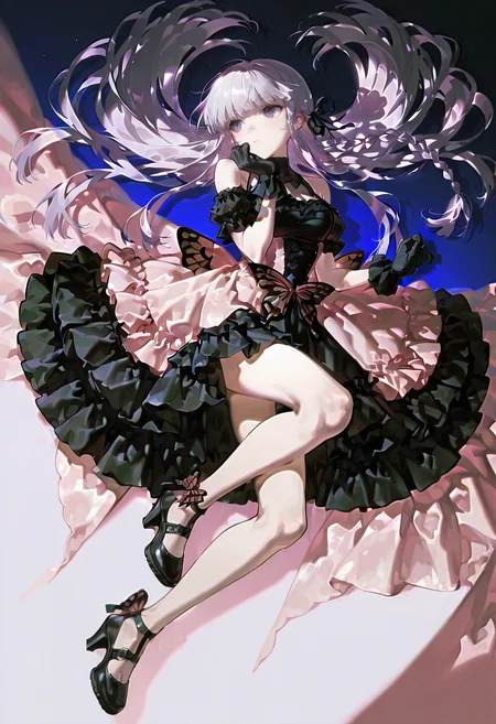 butterfly bow dress, pink dress, black dress, frills, ribbon, 1girl,solo,konya_karasue, kirigiri_kyoko,high heels,
