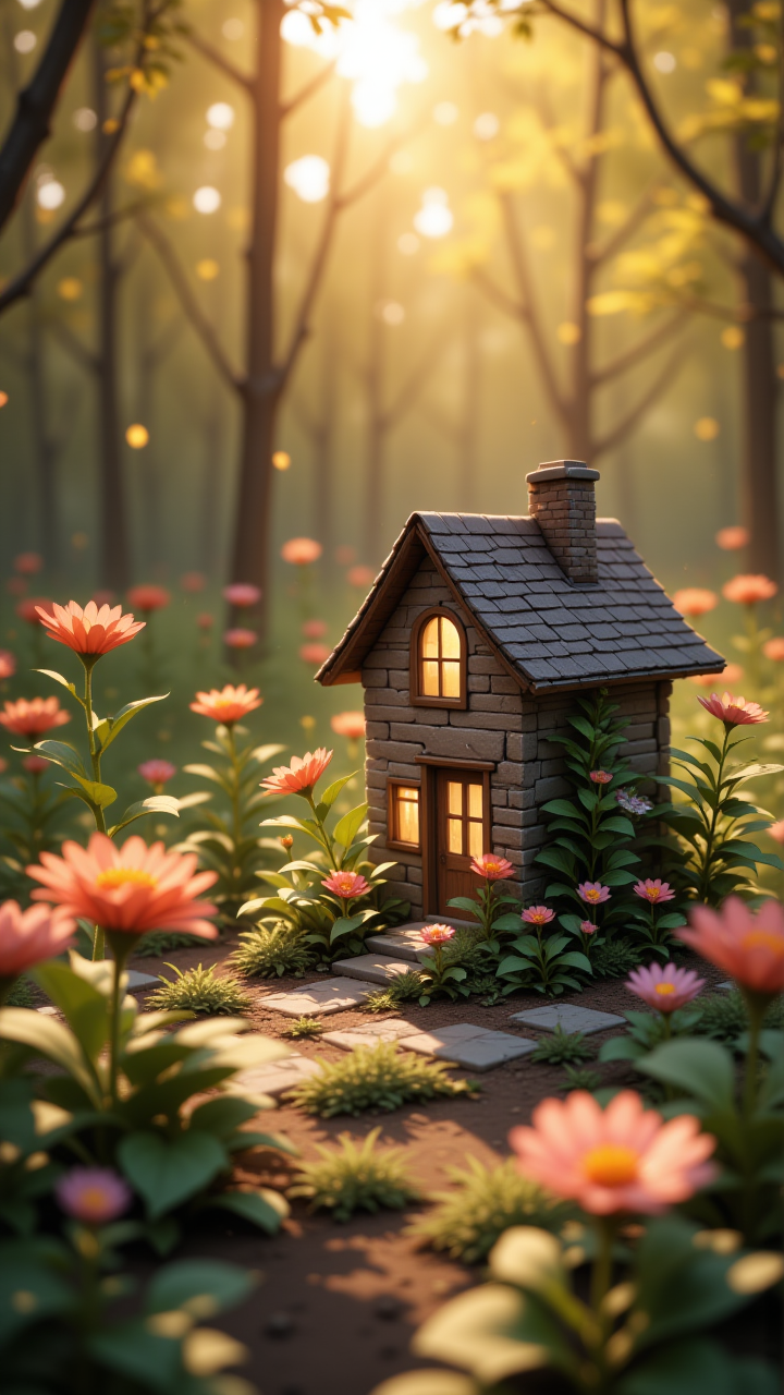a miniature house in a flower bed as a symbol that the garden or gardening is the home, light from inside the house streams out warmly,, in the style of Jed4ni,   <lora:ILPonyMix:1>