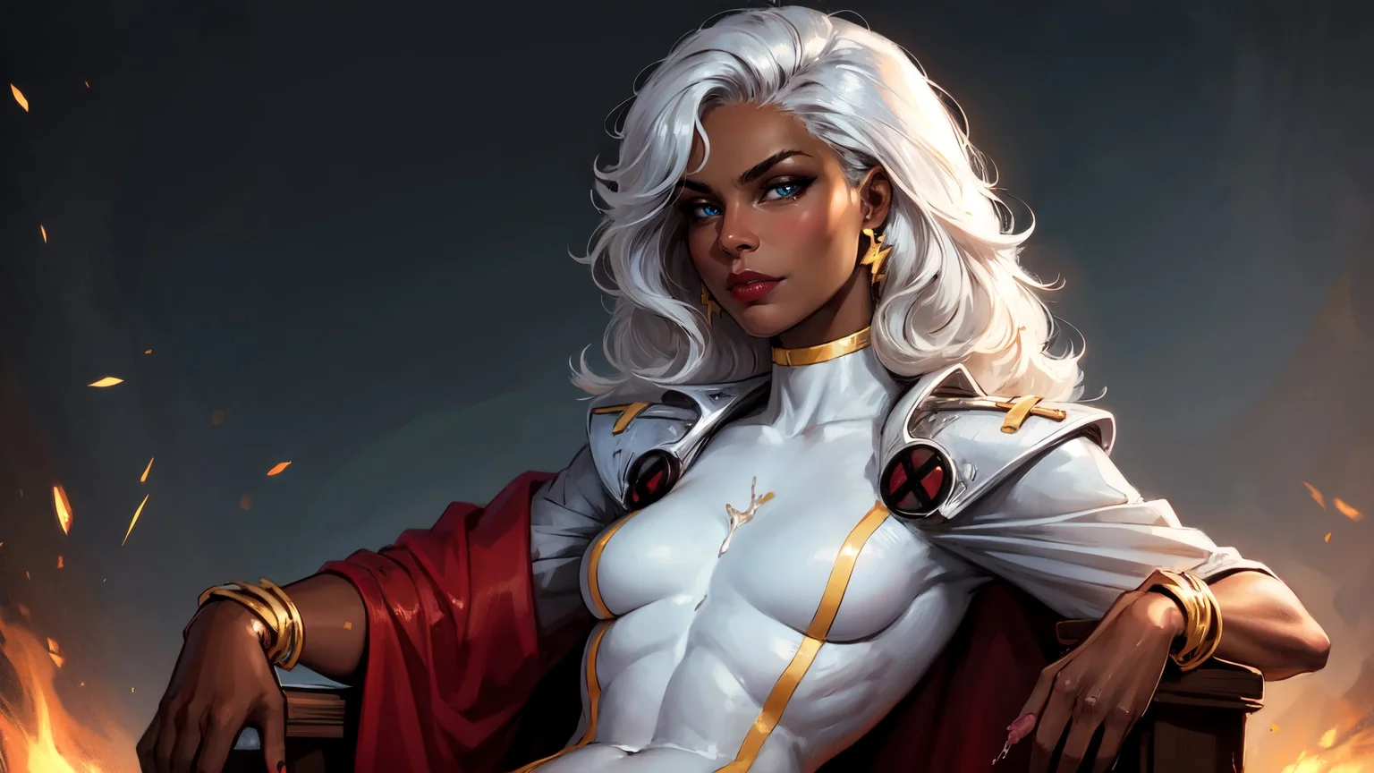 (realistic:1.5), beautiful futanari, (seated:1.3), mature, age 21, (small penis, erection:1.5), (precum drip:1.3), (testicles:1.0), (cum on penis:1.1), knees to chest, small demure smile, (slim, slender, skinny:0.9), narrow hips, slender thighs, medium breasts, serious, (clothing aside:1.1), highly detailed background, (OverallDetail:1.1), EyeDetail, fFaceDetail, fHandDetail, HairDetail, looking at viewer, sexy, provocative, flushed cheeks, blush, after sex glow, CARTOON_X_MENs_Storm, ownwaifu, long hair, white hair, dark skin, dark-skinned female, breasts, lips, blue eyes, very dark skin, lipstick, floating hair, very long hair, makeup, big hair, curly hair, red lips, eyelashes, toned, jewelry, earrings, cape, bracelet, bodysuit, gloves, superhero, choker, <lora:CARTOON_X_MEN90s_Storm-15:0.7>