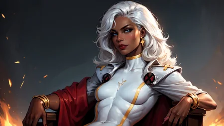 (realistic:1.5), beautiful futanari, (seated:1.3), mature, age 21, (small penis, erection:1.5), (precum drip:1.3), (testicles:1.0), (cum on penis:1.1), knees to chest, small demure smile, (slim, slender, skinny:0.9), narrow hips, slender thighs, medium breasts, serious, (clothing aside:1.1), highly detailed background, (OverallDetail:1.1), EyeDetail, fFaceDetail, fHandDetail, HairDetail, looking at viewer, sexy, provocative, flushed cheeks, blush, after sex glow, CARTOON_X_MENs_Storm, ownwaifu, long hair, white hair, dark skin, dark-skinned female, breasts, lips, blue eyes, very dark skin, lipstick, floating hair, very long hair, makeup, big hair, curly hair, red lips, eyelashes, toned, jewelry, earrings, cape, bracelet, bodysuit, gloves, superhero, choker, <lora:CARTOON_X_MEN90s_Storm-15:0.7>