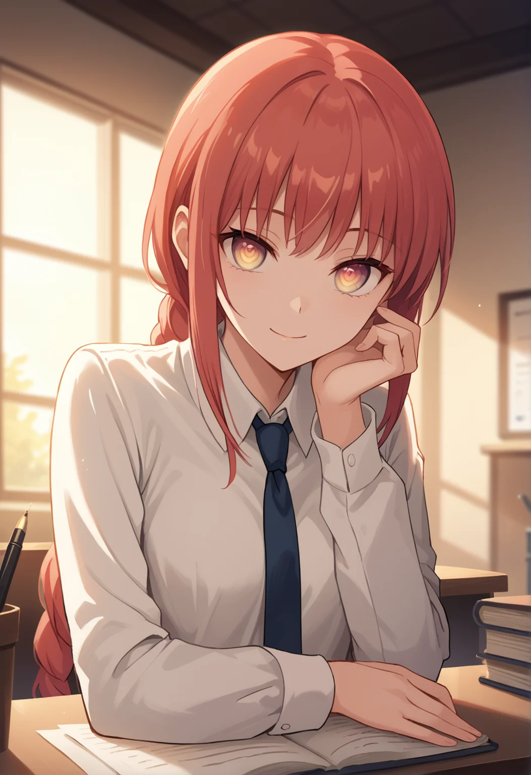 score_9, score_8_up, score_7_up, source_anime, masterpiece, best quality, highly detailed background, cinematic lighting, detailed eyes, detailed pupils, perfect face, 
makima, unique outfit, ringed eyes, cute, soft smile, upper body, 
office, warm lighting, sunset, desk, pens, hearts,
 <lora:Makima_Pony:0.8>