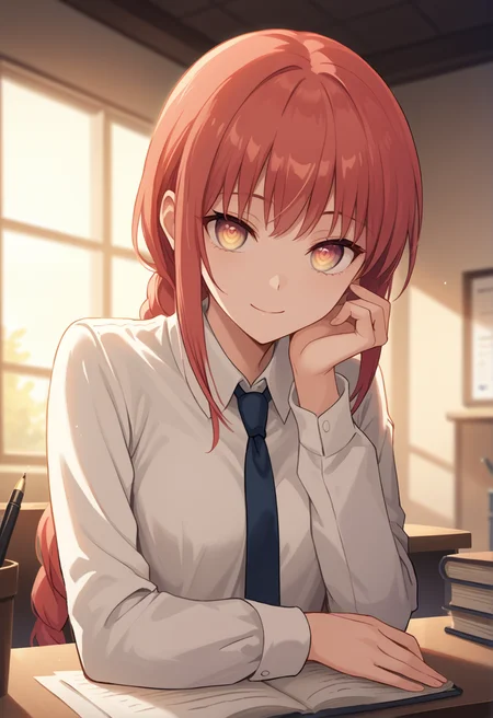 score_9, score_8_up, score_7_up, source_anime, masterpiece, best quality, highly detailed background, cinematic lighting, detailed eyes, detailed pupils, perfect face,
makima, unique outfit, ringed eyes, cute, soft smile, upper body,
office, warm lighting, sunset, desk, pens, hearts,
<lora:Makima_Pony:0.8>