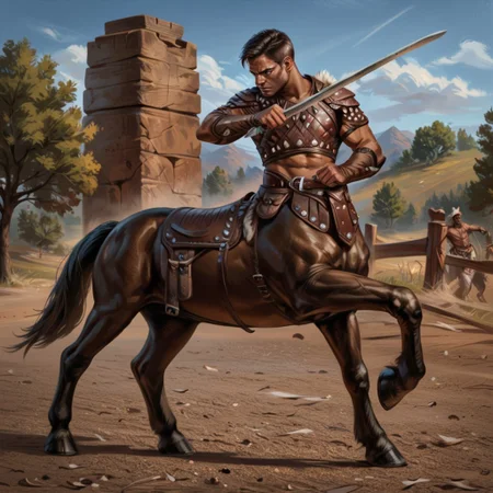 score_9, score_8_up, score_7_up, 1boy, solo, male focus, monster, centauroid, taur, centaur, short brunette hair, chesnut fur, brown skin, hunting, stallion, aggressive, aggressive pose, attacking, fighting, leather armour, tribal, savage, leather barding, holding swords, riverbank, day,