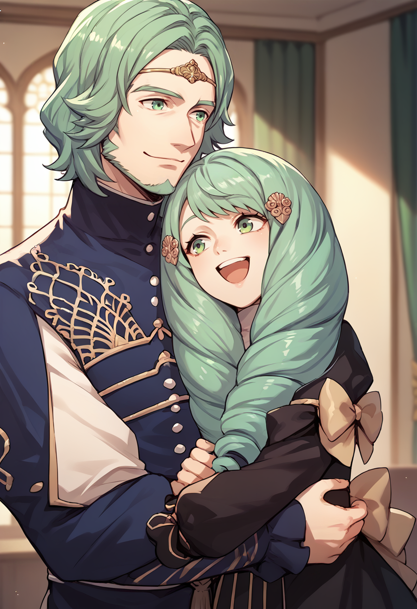 score_9, score_8_up, score_7_up, source_anime, 1boy, 1girl, siblings, hug from behind, happy, indoors, BREAK
1boy, upper body, <lora:SetethFE-pdxl:1> setethFE, beard, circlet, uniform, smile, closed mouth BREAK
1girl, <lora:FlaynFE-pdxl:1> defFlayn, long hair, drill hair, hairclip, uniform, black dress, bow, blue pantyhose, smile, open mouth