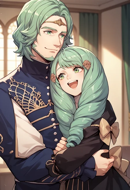 score_9, score_8_up, score_7_up, source_anime, 1boy, 1girl, siblings, hug from behind, happy, indoors, BREAK
1boy, upper body, <lora:SetethFE-pdxl:1> setethFE, beard, circlet, uniform, smile, closed mouth BREAK
1girl, <lora:FlaynFE-pdxl:1> defFlayn, long hair, drill hair, hairclip, uniform, black dress, bow, blue pantyhose, smile, open mouth