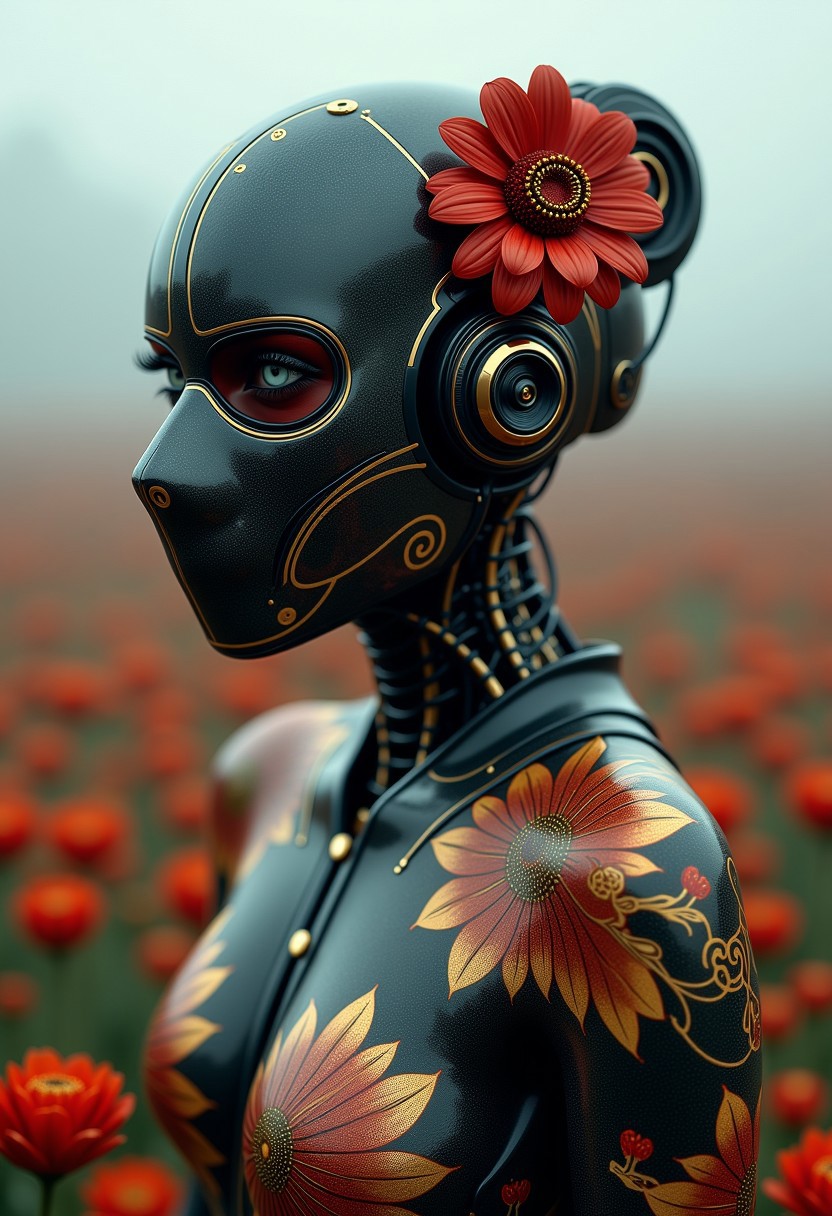 Full body view (cyborg geisha cybernetic organism 32k--9:16-ar) carbon fiber mask, hires professional photography of the highest quality, beautiful face shape, perfect anatomy, expressive gaze, dark sci-fi swamp of rotten flowers, misty fog, cyborg geisha tattoos, blood, withered flowers, brown, black sepia and gold filigree, minimalism. (cyborg geisha, cybernetic organism, full-length, wide angle, centered, no cropping) -- AR 9:16 --style raw --stylize 1000.