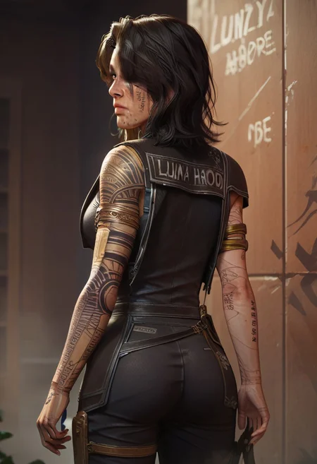 score_9, score_8_up, score_7_up,((masterpiece)), sharp focus, 1girl,solo, (lune, black hair, brown eyes, gold arm tattoo, gold leg tattoo, black facial tattoo, (tattoo writing over left eye:1.1):1.2), (armor, clair obscur expedition 33, pants, single arm glove:1.2), perfect face, hd quality, high quality, detailing face, detailing body, deatiled apartament, abounded house, dirt on face, hand up, standing, sunlights on hair, back view