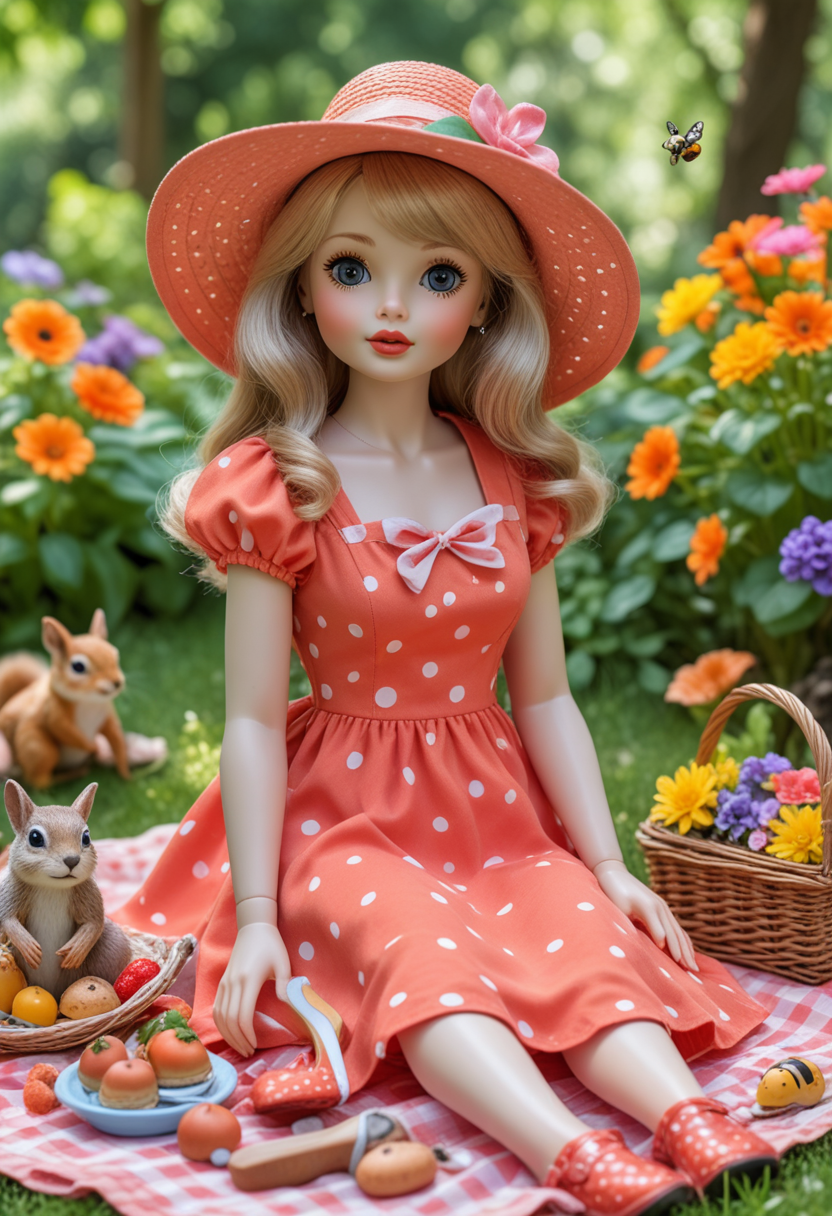 (medium full shot) of (sweet doll)  dressed in a coral sun dress, polka dot shoes, glossy lips, sun hat, enjoying a picnic, located in  a vibrant garden, with lively flowers, colorful plants, playful squirrels, cheerful bees, in the afternoon, Masterpiece,best quality, photo, realistic, very aesthetic,