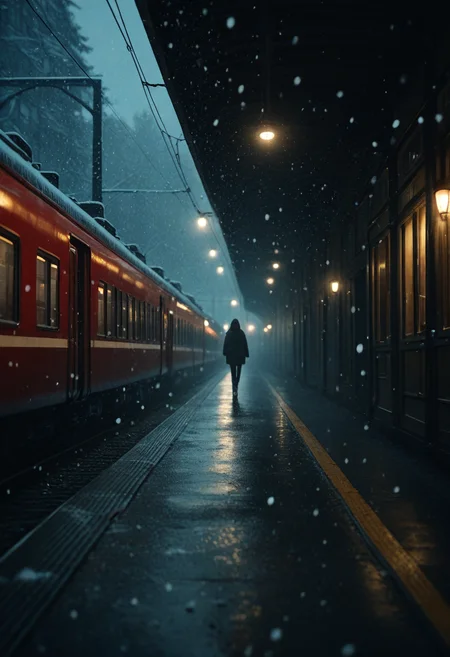 masterpiece, high quality, depth of field, dramatic lighting, highly detailed, film grain, realistic, film scene, photography, photorealistic, raw,  dim light, dark night, dark theme, heavy snowing, platform, red train, high quality texture, intricate details, detailed texture, high quality shadow, cinematic Light, light source contrast, perspective,20s,