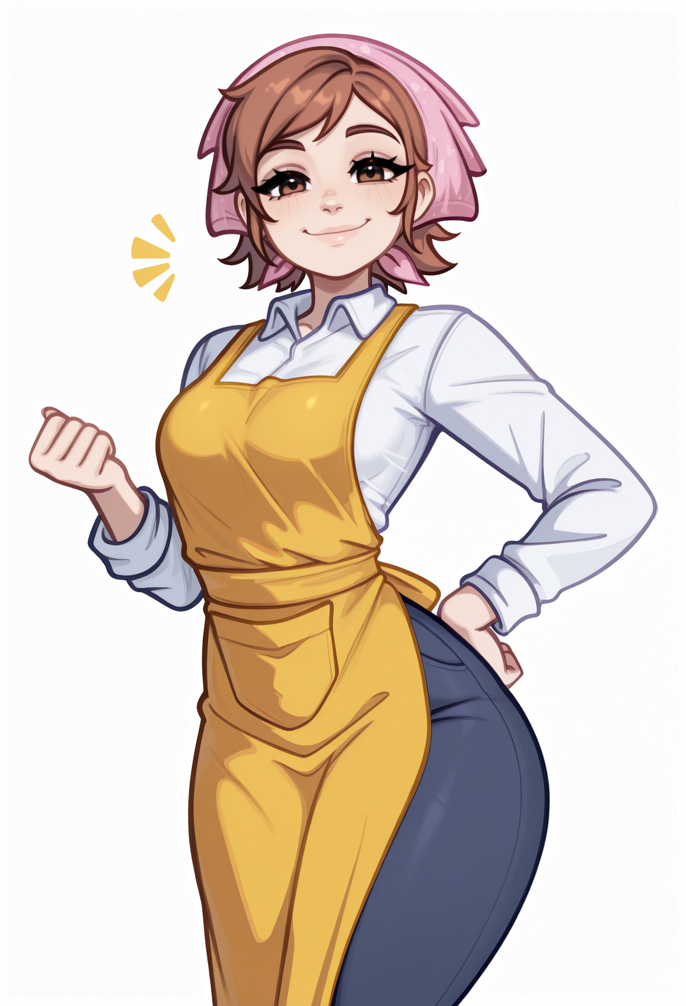 1girl, solo, looking at viewer, white background, smile, hand on own hip, 
brown hair, short hair, brown eyes, bandana, head scarf, 
yellow apron, white shirt, long sleeves, collared shirt, blue pants
masterpiece, best quality, <lora:mama_(cooking_mama)-guy90-Illust-LoraV2:1>, amaooc, <lora:Blushyspicy-guy90-IllustriousV101:1>, yciblu