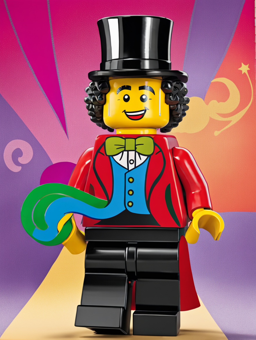 <lora:Lego_XL_v2.1:0.8>
LEGO MiniFig. 
A man with curly hair and a whimsical expression wears a velvet top hat and red coat amidst a colorful, dreamlike backdrop