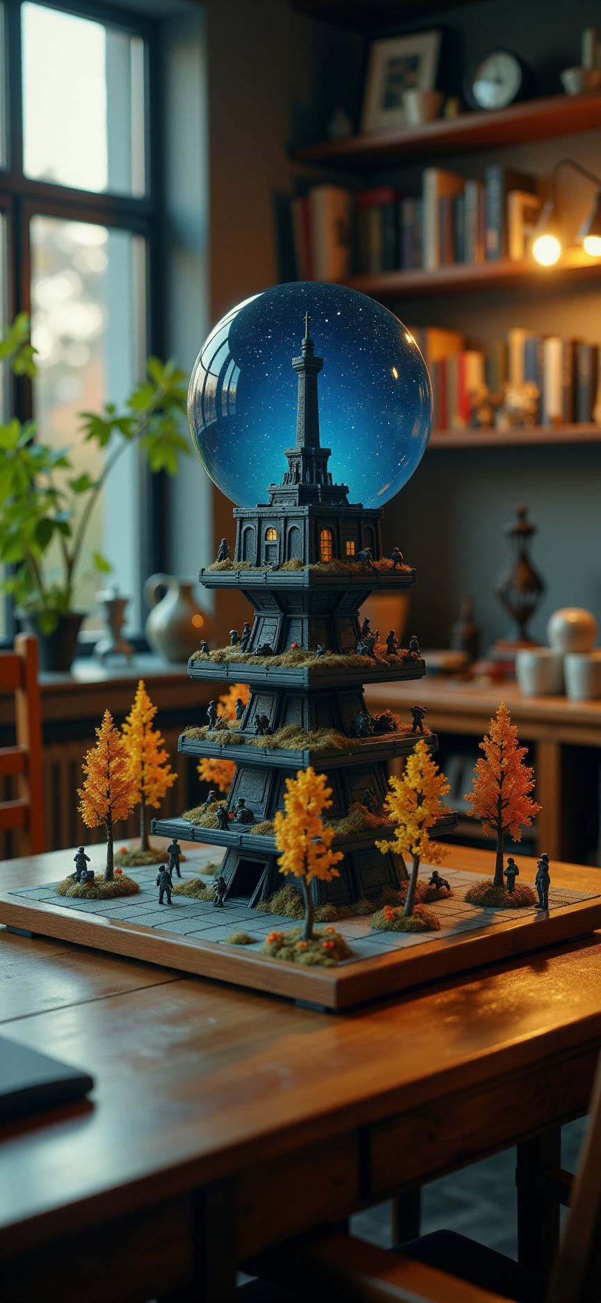 (indoors,indoor,isometric view,side view,tilt-shift lens:2), (fna_style,miniature,miniature,diorama,miniature,diorama,PVC,plastic:2),starry night,autumn giant (multi layers of gundam  maintenance dock  sphere vertical:2.5) is located center, people, (in wooden square plate:3) (on table at study:3) <lora:Fantasy_Novel_Art_Style:1> <lora:Rostpunk:0.3>