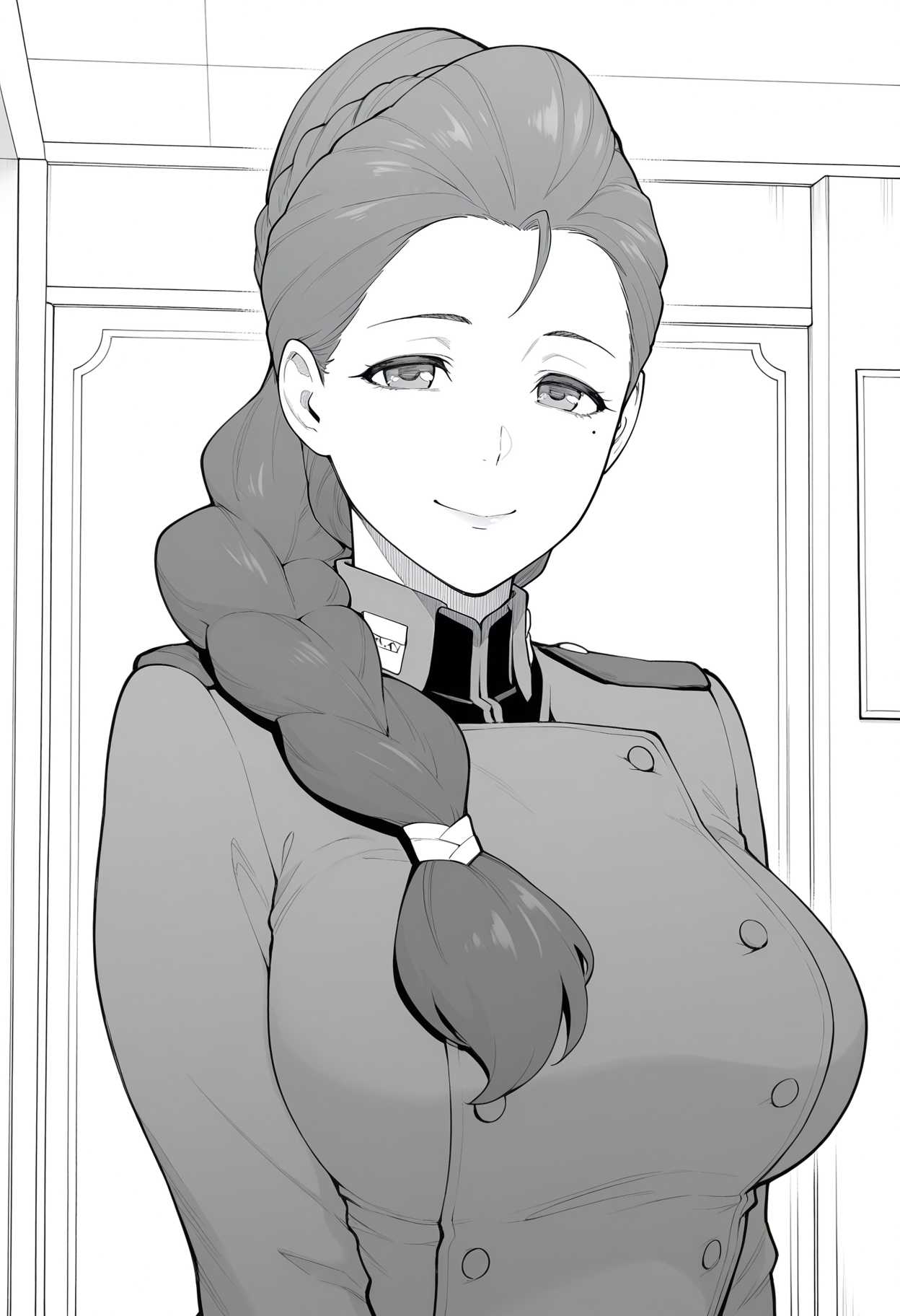 1girl,solo,mm,mature female,mole under eye,braid,braided ponytail,hair over shoulder,greyscale, monochrome, 
uniform,military uniform,upper body, looking at viewer, smile,indoors
,masterpiece,best quality,amazing quality,<lora:Frederica_Herme-Gundam_Valpurgis:0.8>